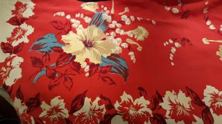 Vintage tablecloth,  heavy cotton,  brilliant red floral 2