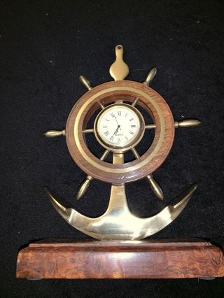Vintage Nautical Brass & Wood Ship Wheel & Anchor Desk/ Mantle Quartz Clock