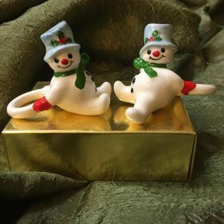 Vintage 1978 Snowman With Blue Top Hat Taper Candlestick Rings Orig Box