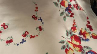 Vintage tablecloth,  heavy cotton,  1950 ' s colors and design, 7