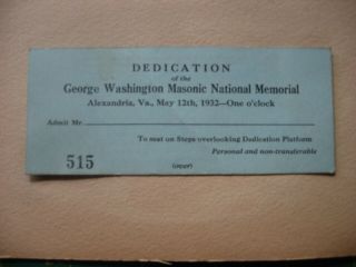 Vintage 1932 George Washington Masonic National Memorial Ticket President Nr