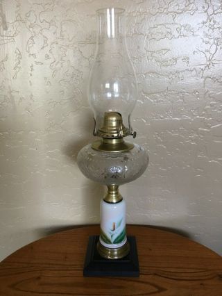 Antique Queen Anne Etched Glass Floral Brass Composite Burner Oil Lamp