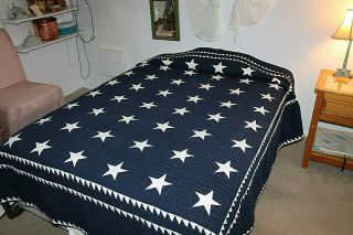 Judi Boisson Patriotic Stars Quilt Navy w White Stars Double Sawtooth pre owned 2
