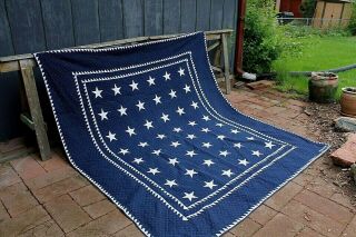 Judi Boisson Patriotic Stars Quilt Navy w White Stars Double Sawtooth pre owned 5