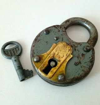 Vintage Antique Padlock Old Iron Brass Tag Lock With Key