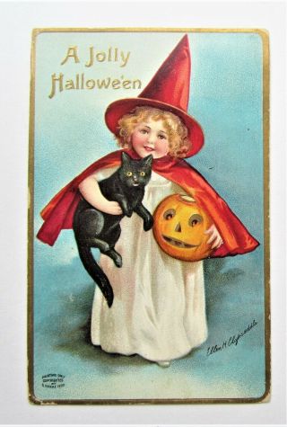 A/s Clapsaddle Little Witch Holds Black Cat & Jol Embossed Halloween Postcard