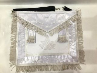 Masonic All White Past Master Apron,  Fancy Silver And Blue Past Master Apron