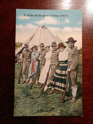 Vintage Postcard Little Smile Goes A Long Ways Wwi Soldiers Lovers Girls Rifles