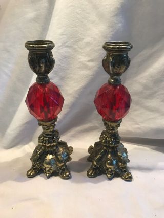 Brass And Red Cut Composite Candlestick Holders Ornate Pretty Set Of Two 8” Tall