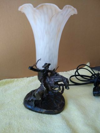 Vintage Remington Bronze Cowboy Sculpture Lamp Tulip Uplight Glass Shade 7.  5 " T