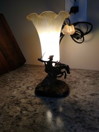 VINTAGE REMINGTON BRONZE COWBOY SCULPTURE LAMP TULIP UPLIGHT GLASS SHADE 7.  5 