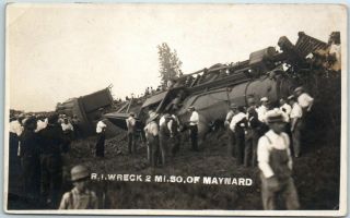 Iowa Rppc Real Photo Postcard " Rock Island Wreck 2 Mi.  South Of Maynard " Train