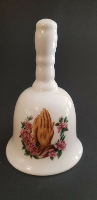 Vintage White Porcelain Praying Hands Bell With Flowers 4 " Tall - 87