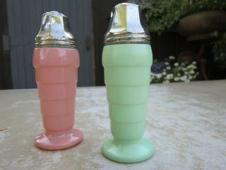 Vintage Art Deco Green And Pink Milk Glass Salt And Pepper Shakers