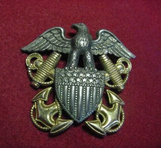 Vintage Us Navy Sterling Marked Officer Visor Hat Eagle Badge 2 3/8 " Size