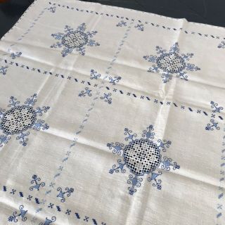 Lagartera Embroidery Vintage Linen Tablecloth & 6 Napkins In Blue - Toledo Spain