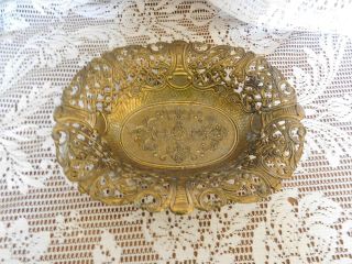 Vintage Brass Ornate Bowl Dish Basket Made In Italy 9 - 3/4 X 7 - 3/4