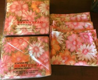 Vintage Nip Cannon Pink Floral Full Sheet Set Flat Fitted,  3 Pillowcase