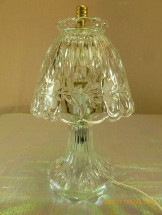 Vtg Floral Etched Heavy Cut Lead Crystal Boudoir Accent Table Lamp W/ Shade