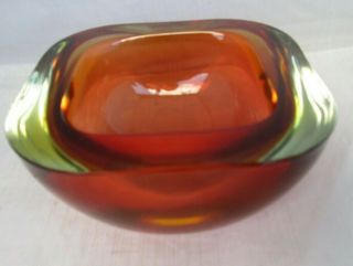 Heavy Square Red / Amber Glass Bowl Round Corners Sides Are 3/4 " Thick