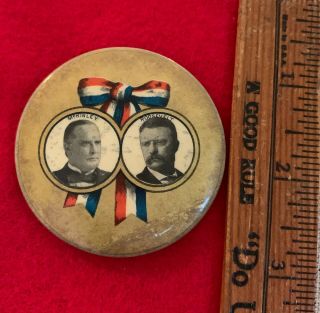 2 1/4 " Mckinley Roosevelt Presidential Campaign Jugate Pin Ca 1900 Ribbon Motif