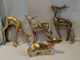Set Of 4 Vintage Brass Deer Figurines / Statues - Buck Doe