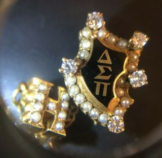 1928 14k Gold Delta Sigma Pi Fraternity Pin With Diamonds And Seed Pearls