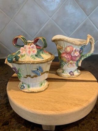Fitz And Floyd Woodland Springs Sugar Bowl And Creamer With Spoon
