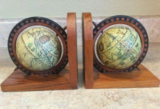 Vintage Old World Small Mini Map Globe Bookends Wooden Base Set Pair