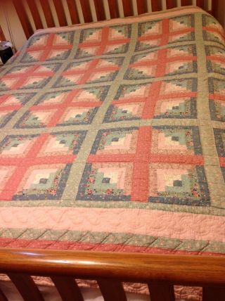 Vintage Quilt Blanket Hand - Quilted Log Cabin Pattern Cotton Full - Size 84 " X 84 "