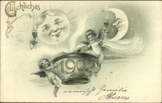 1902 Year Man In The Moon Fantasy Cherubs Champagne Postcard