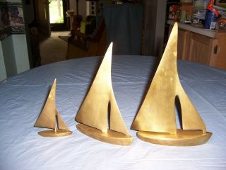 Set Of 3 Vintage Mid Century Modern Brass Sail Boats Decor Nautical