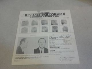 Feb.  1971 Wanted By Fbi Poster Lawrence Arthur Dahl Bank Robbery W/mug Shot