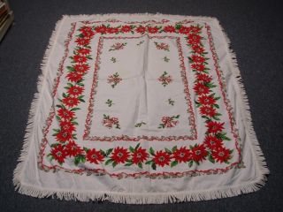 Vintage White Cotton Christmas Tablecloth W Red Poinsettia & Fringe Edge 46x64