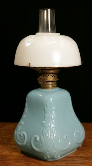Antique Miniature Blue Milk Glass Oil Lamp With Shade