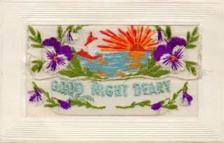 Good Night Deary: Yachting Scene: Ww1 Embroidered Silk Postcard