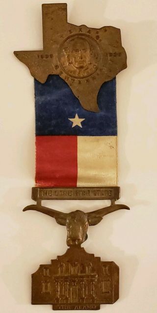 Rare 1936 Texas Centennial Bronze Medal Badge Pin With Ribbon Sam Houston Alamo