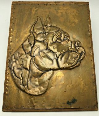 Vintage Embossed Copper Relief Wall Plaque Dog Boxer Pitbull On Wooden Board