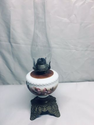 Vintage White Flame Co.  Oil Lamp Milk Glass Painted Floral Grand Rapids Mi