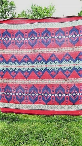 Vtg 71x75 Red Blue Green Geometric Western Cotton Camp Trade Blanket Cabin Lodge