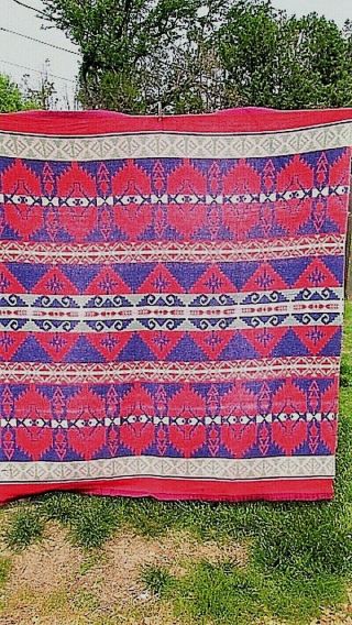 VTG 71X75 RED BLUE GREEN GEOMETRIC WESTERN COTTON CAMP TRADE BLANKET CABIN LODGE 2