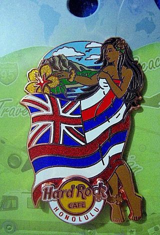 Honolulu Hawaii 2015 Landmark Flag Girl Diamond Head Hibiscus Hard Rock Cafe Pin