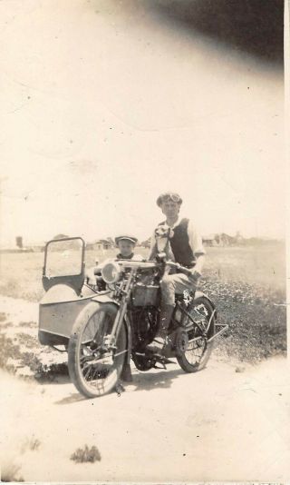 1922 Rppc Man On Motorcycle & Boy In Side Car
