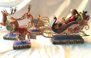 4 Pc Jim Shore Delivering Joy Santa In Sleigh & 3 Dash Away Reindeer See Phot