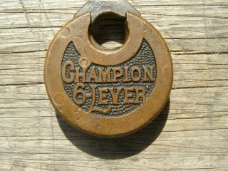 Vtg Antique MILLER Champion 6 Lever Brass Round Padlock Lock Old no key 2