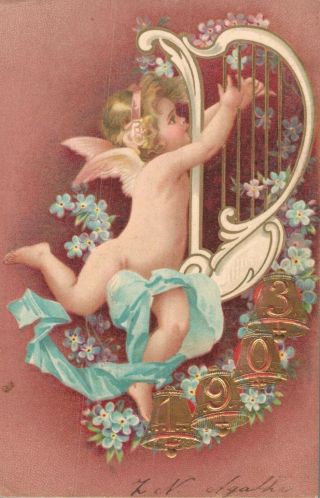 Happy Year Vintage Postcard Angel Playing Harp 02.  42