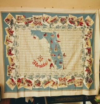 Vintage Blue Florida Souvenir Printed Cotton Tablecloth.  54 " X 60 ".