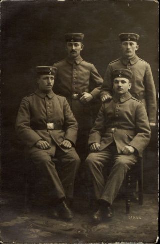 Wwi Four German Soldiers In Uniform Rppc Studio Real Photo Military Postcard