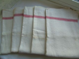 French 5 Of White Red Strip Kitchen Towels Cotton - Linen Vintage
