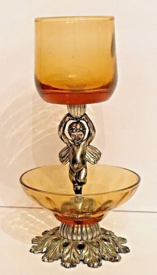 Silver Colored Metal Amber Glass 2 Tier Angel Cupid Cherub Votive Candle Holder
